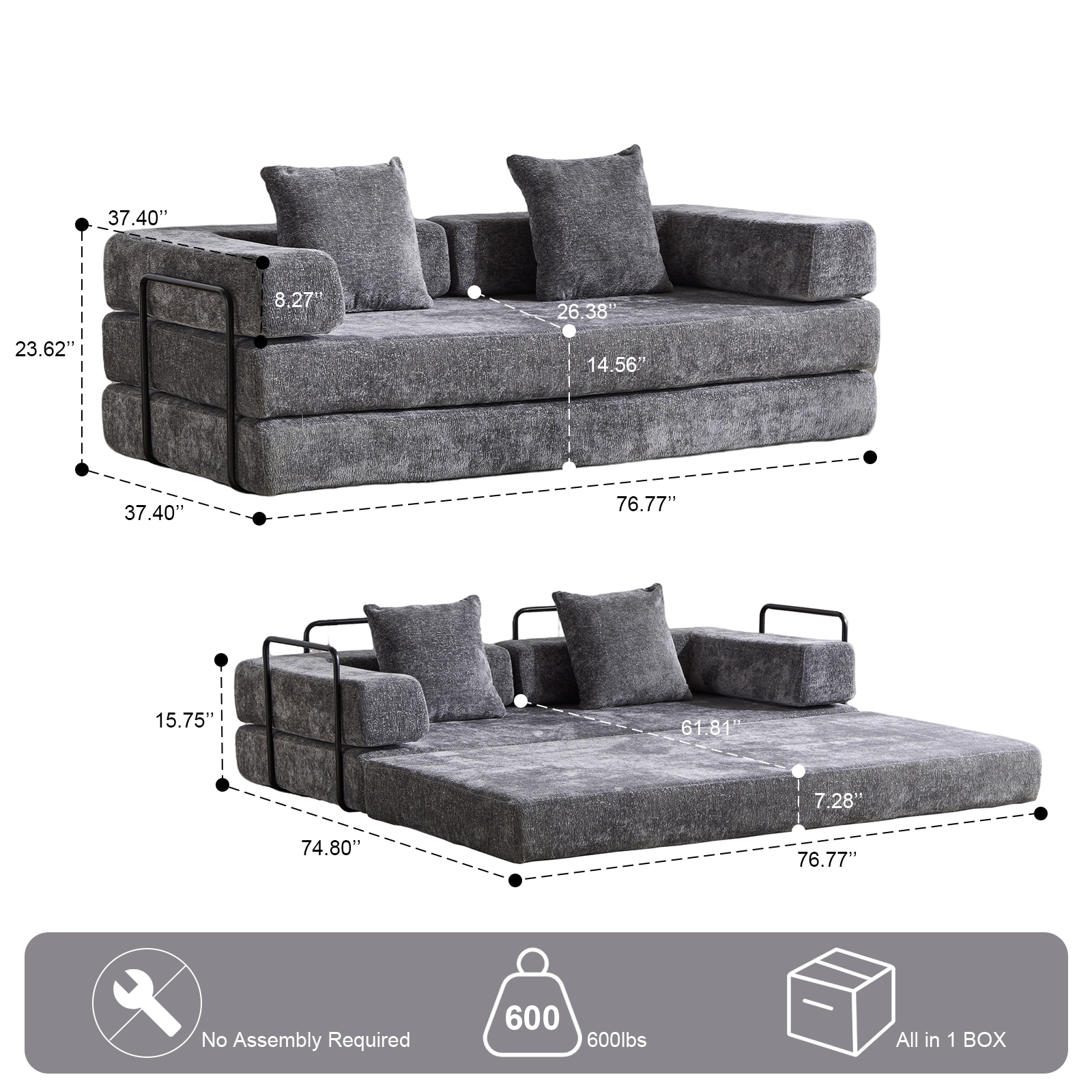 Floor Couch,Compression Sofa,Convertible Floor Sofa Bed-with Pillow Back Support Armrest,Comfy Futon Couch Lounge Sleeper Bed (DARK-GREY)_voghion.com